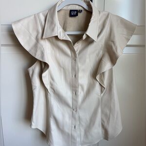 GAP Vegan Leather Shirt. Ruffle Detail. Cream. Size M.